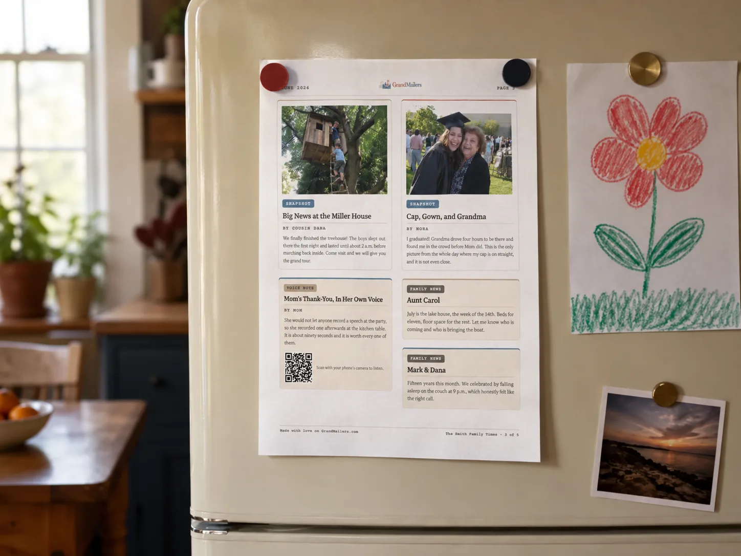 A page of the family newsletter held to a sunny kitchen fridge beside a child’s drawing