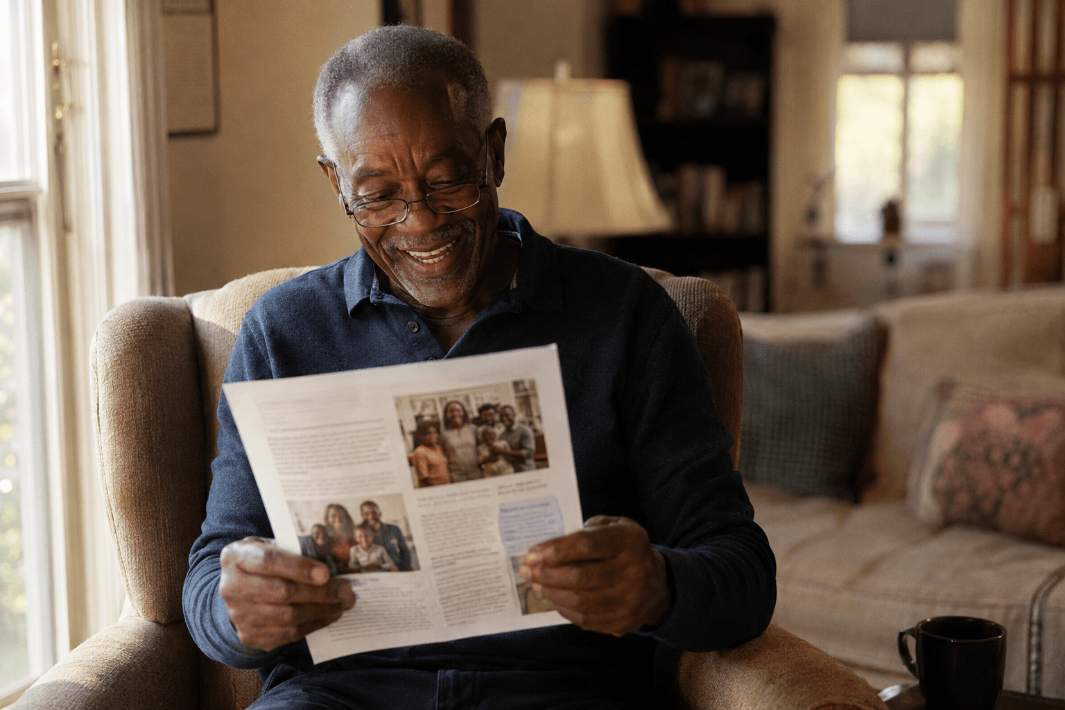A grandfather laughing as he reads his family's printed newsletter in his armchair