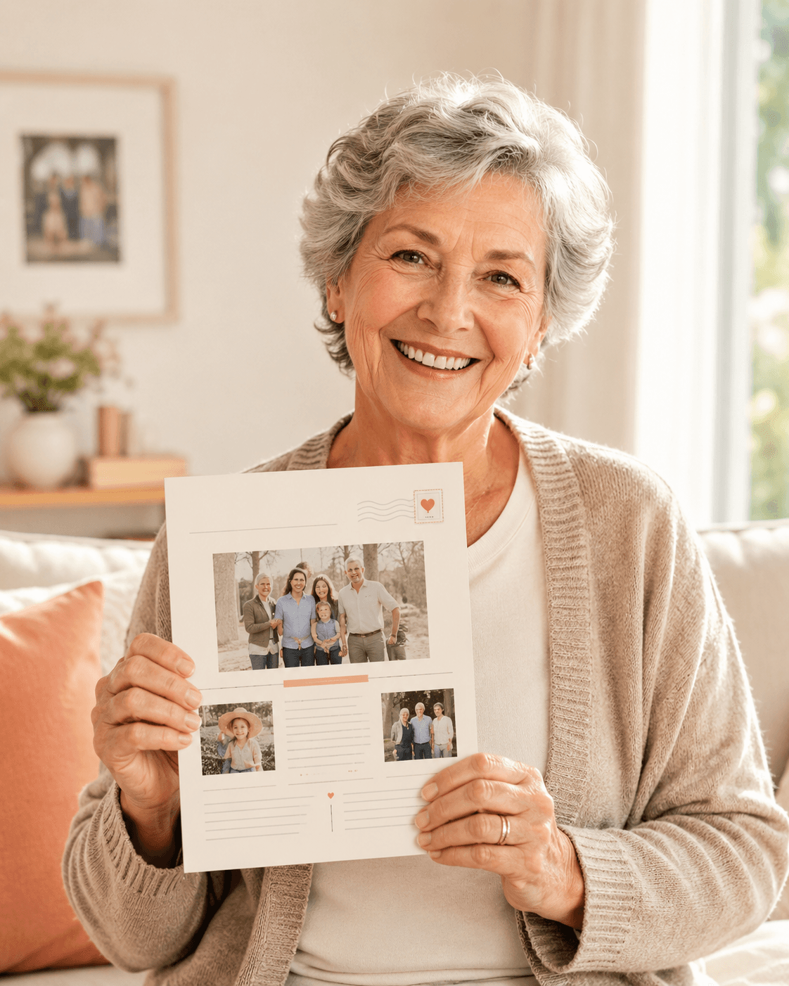 A grandmother at home, smiling as she holds this month's printed GrandMailers family newsletter