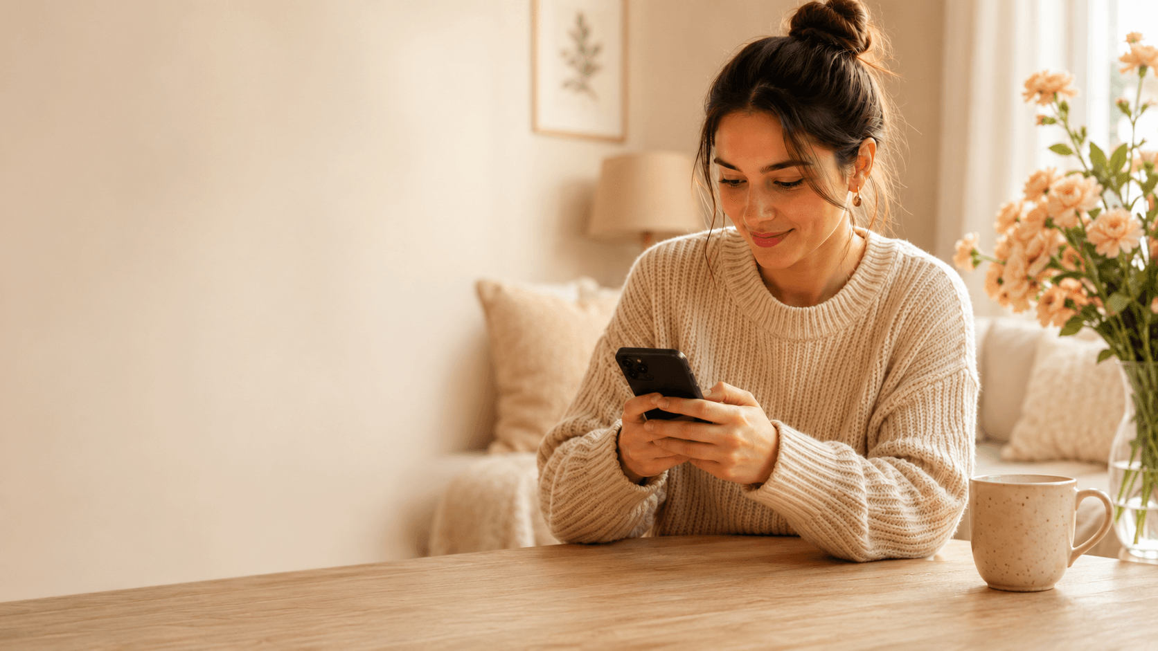 A mom on her couch, smiling as she adds a story to the family newsletter from her phone