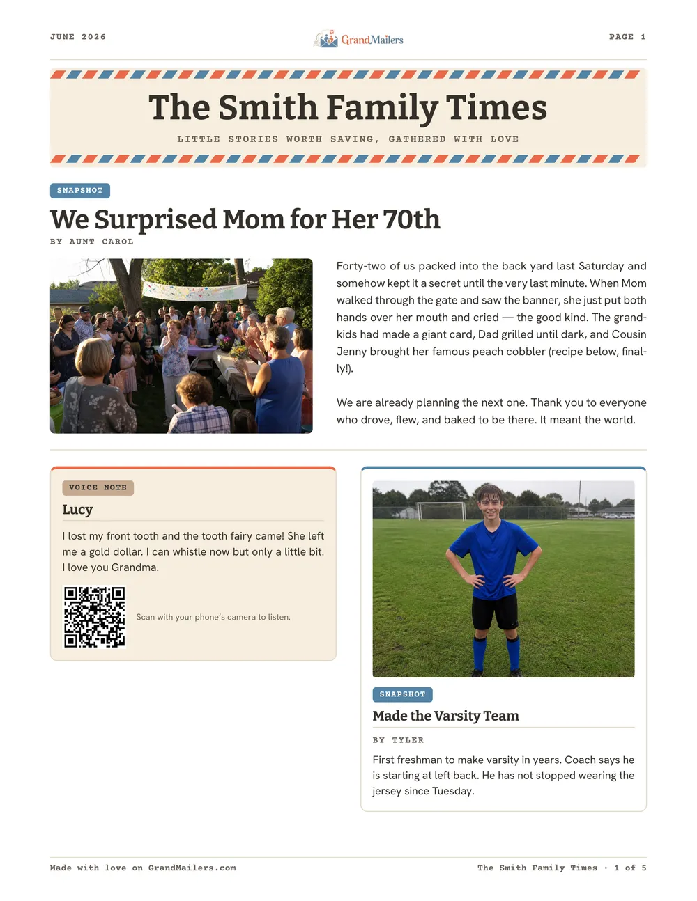 Page one of a printed GrandMailers family newsletter